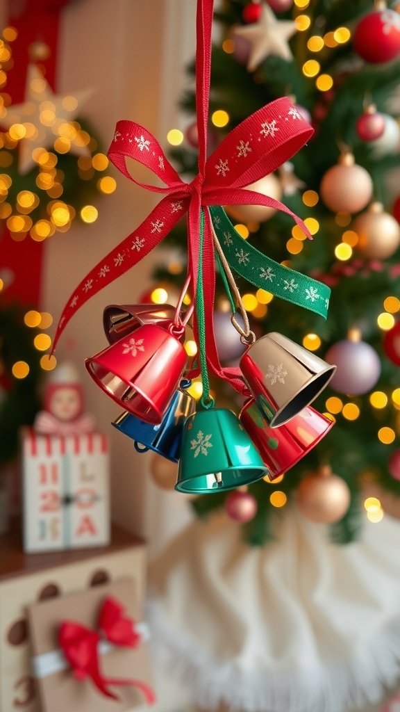 Colorful jingle bells on ribbon, set against a Christmas backdrop with lights and a tree.